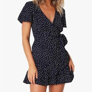 Women's Navy Polka Dot Wrap Mini Dress with Ruffle Hem